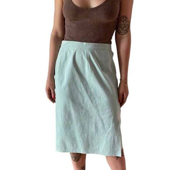 Vintage 1960s Womens St. Croix Pale Blue Suede Leather Preppy Pencil Skirt Sz M - Picture 2 of 6